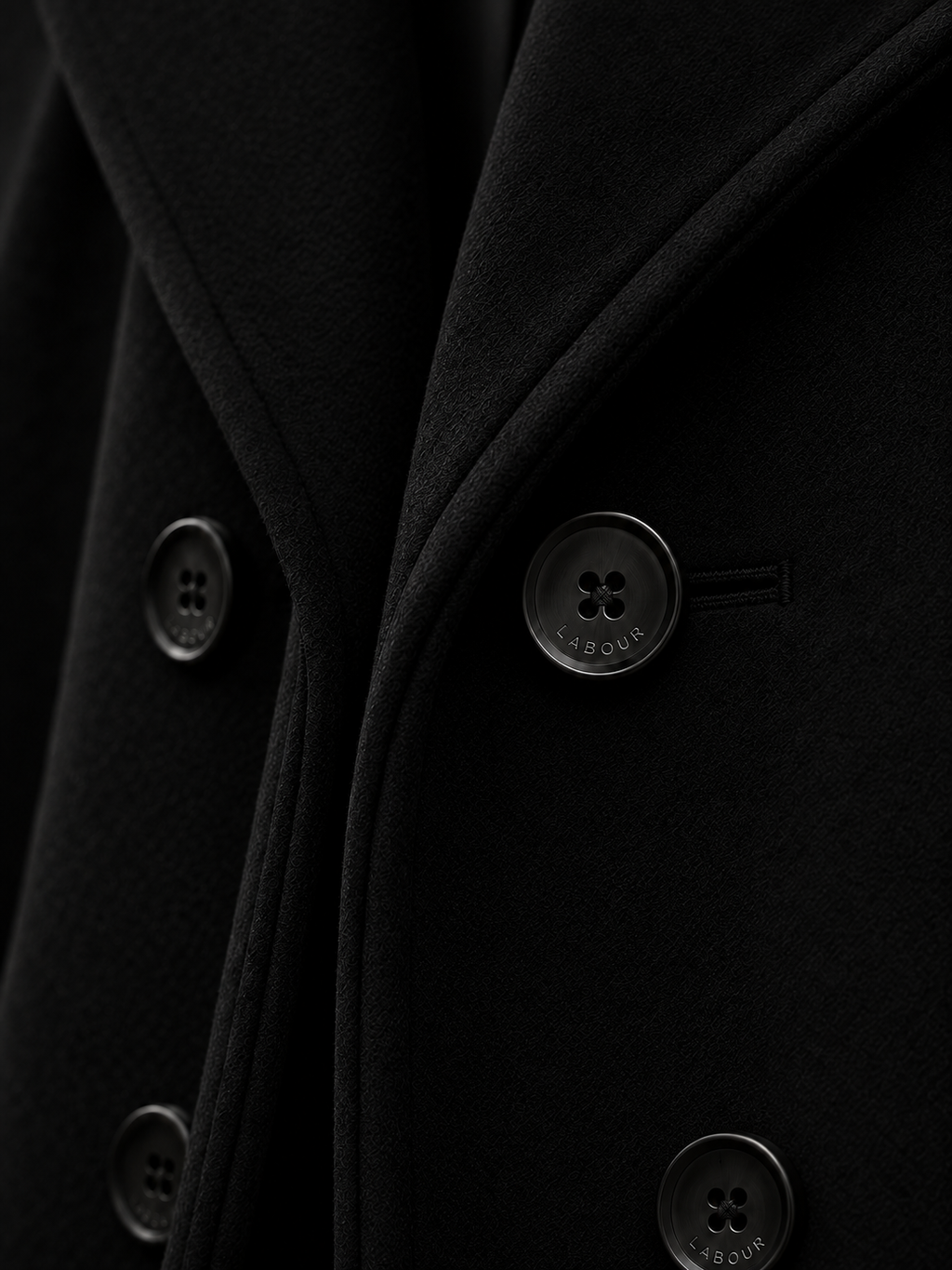 LABOUR COAT 001 — front fastening detail (design visualization)