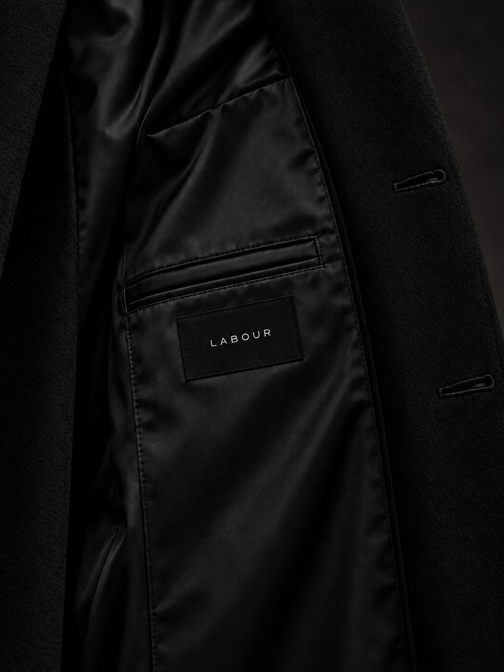 LABOUR COAT 001 — interior pocket and label detail (design visualization)