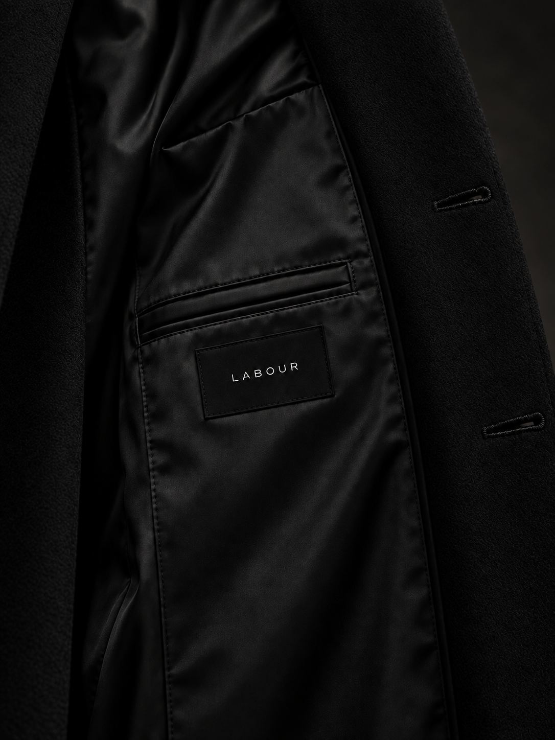 LABOUR COAT 001 — interior pocket and label detail (design visualization)