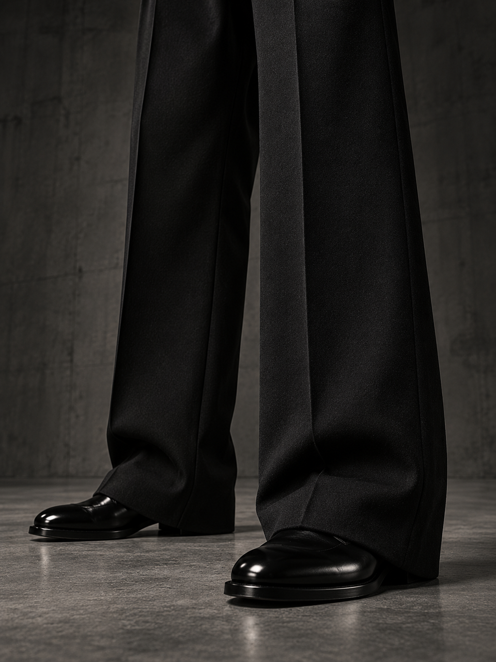 LABOUR TROUSERS 001 — wide-leg hem and drape detail (design visualization)