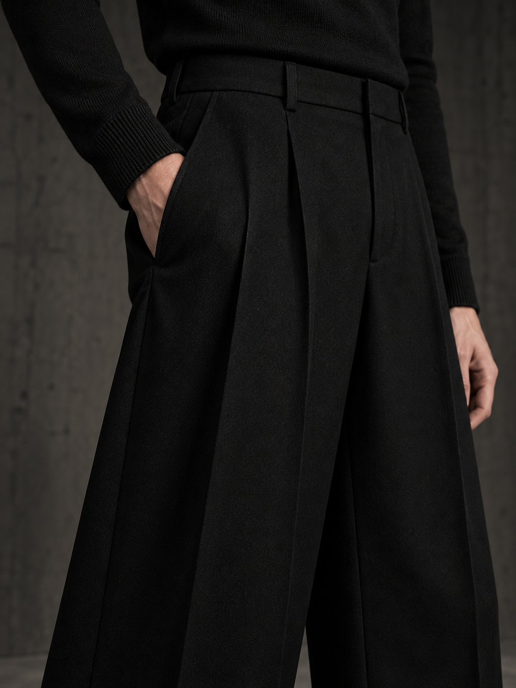 LABOUR TROUSERS 001 — side pocket and pleat detail (design visualization)