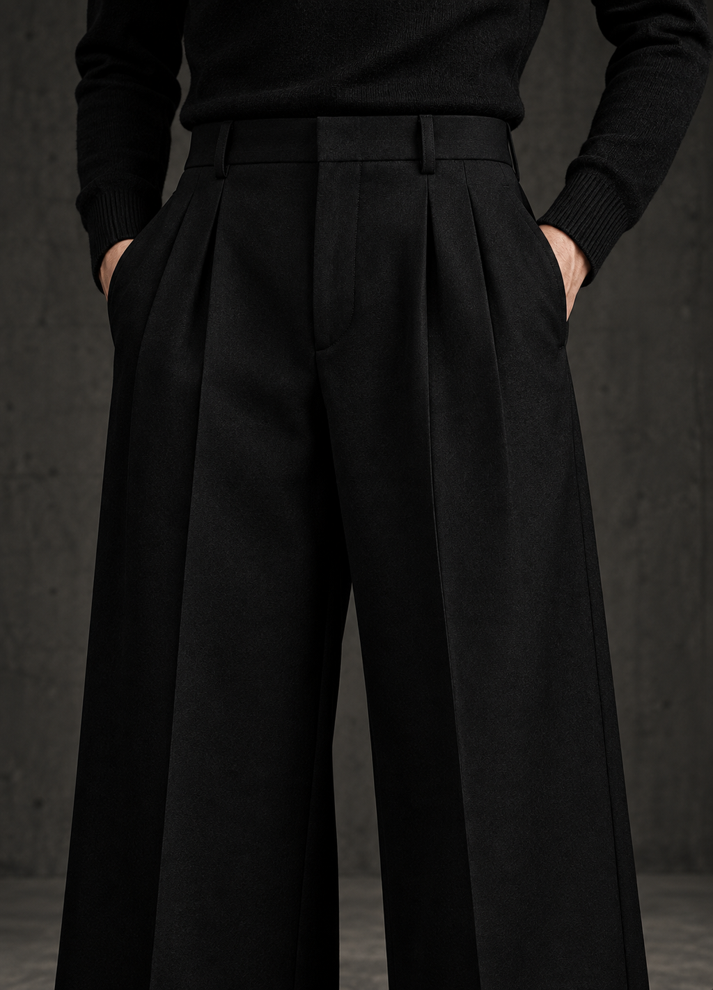 LABOUR TROUSERS 001 — high waistband and pleat detail (design visualization)