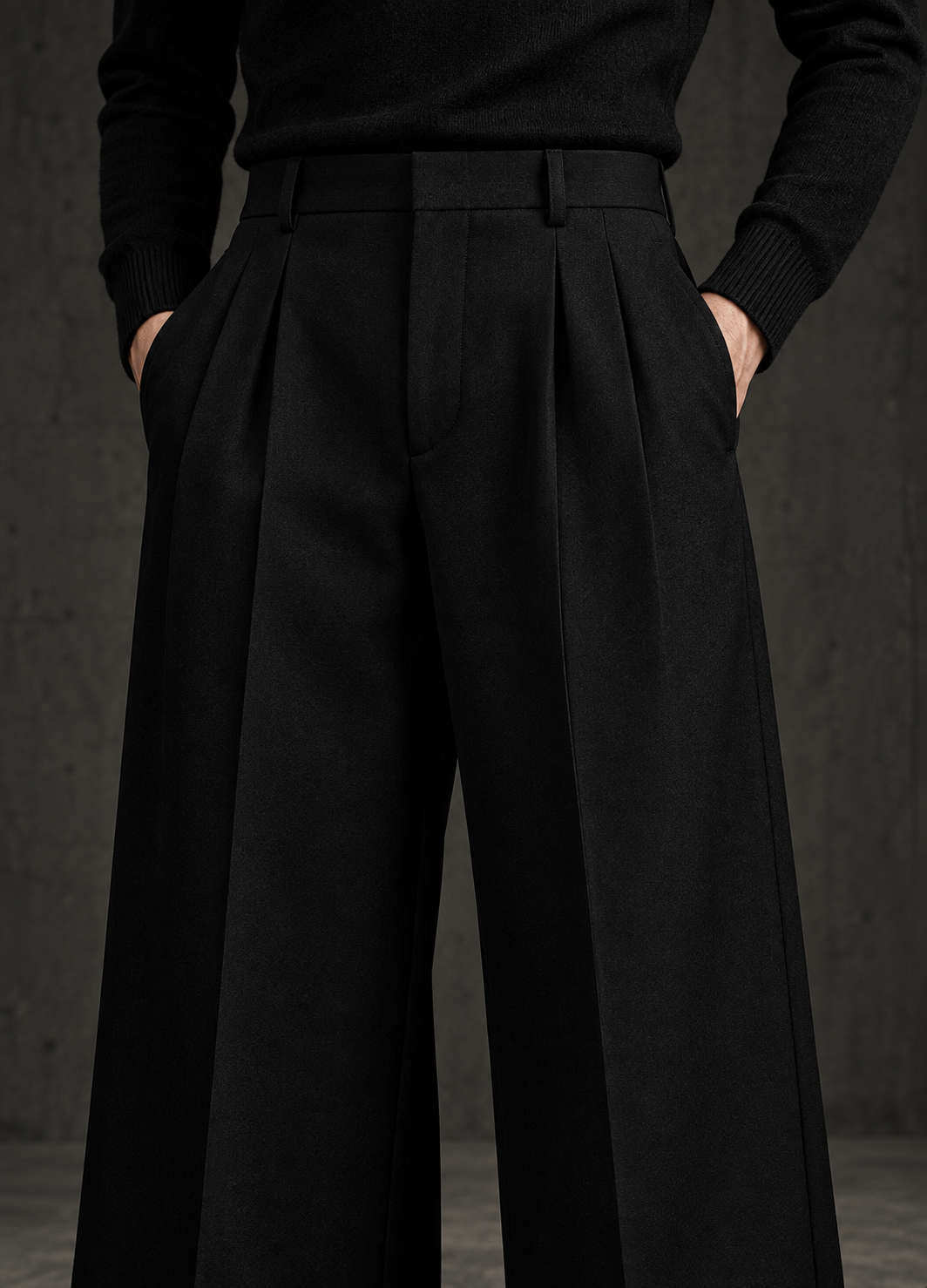 LABOUR TROUSERS 001 — high waistband and pleat detail (design visualization)